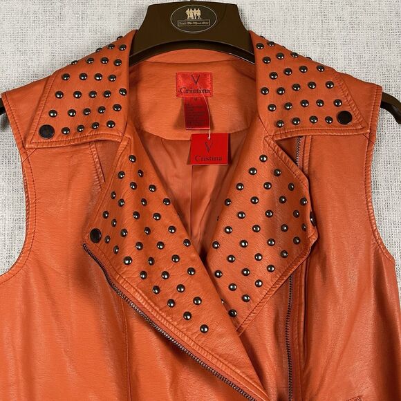 V Cristina Vest Women’s Size Medium Orange Studded Sleeveless Faux Leather NWT - Picture 6 of 14